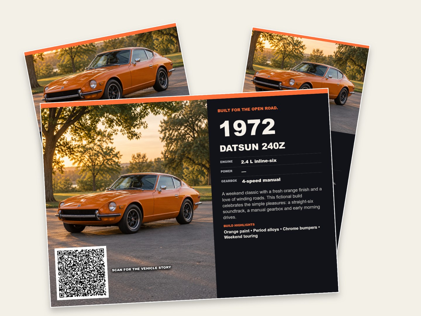 ShowMyRide: an orange Datsun 240Z showboard with matching square and vertical social images, arranged in an overlapping stack.
